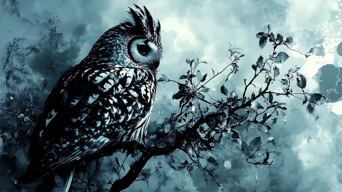 Majestic owl perched on branch in moody watercolor painting.