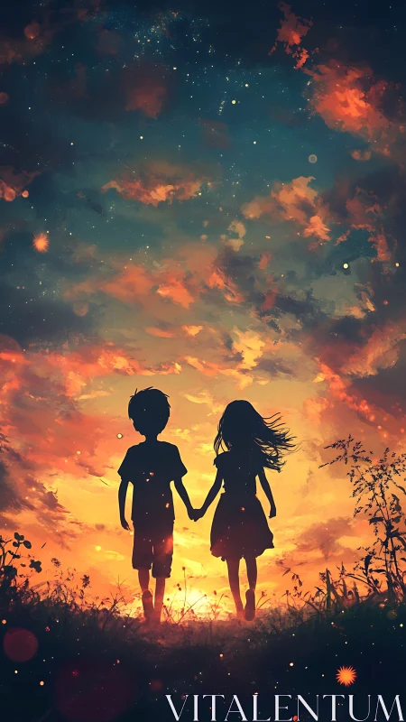 Silhouetted children beneath a blazing cosmic sunset sky.