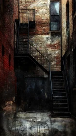 Rust-bitten fire escape climbs a forgotten brick canyon.