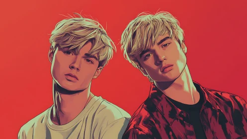 Digital portrait of two blond youths on vivid red field.