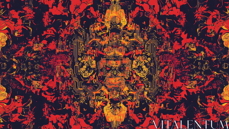 Symmetrical circuit-like abstraction overlays dense red textures