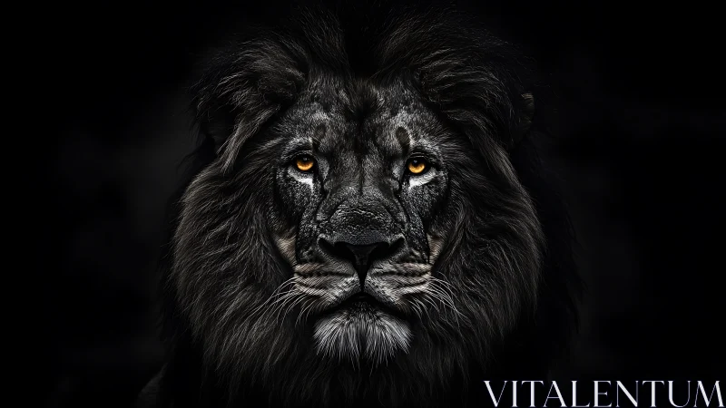 Monochrome lion portrait isolates amber eyes in deep chiaroscuro