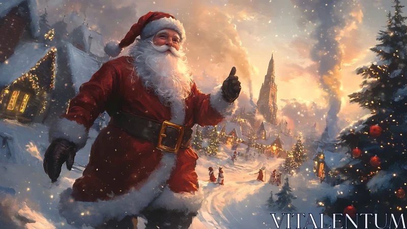 Santa Claus walking through snowy festive village street.