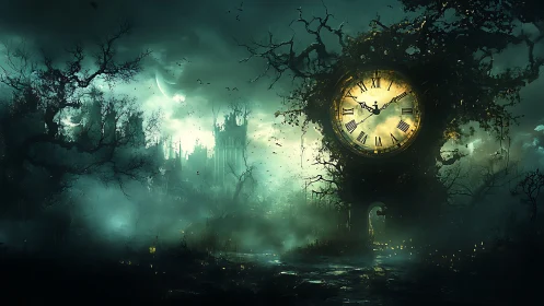 Nocturnal swamp landscape with oversized clock structure.