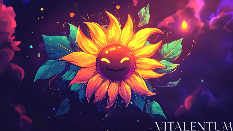Digital painting of smiling cosmic sunflower with neon foliage.