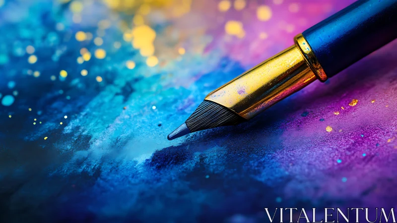 Gold fountain pen on abstract blue and purple surface.