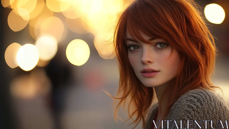 Red-haired young woman in urban bokeh portrait at dusk