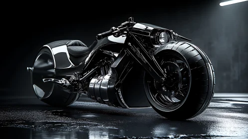 Futuristic black motorcycle gleams under cinematic studio light.
