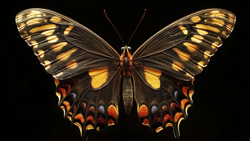 Swallowtail butterfly spreads patterned wings against black field