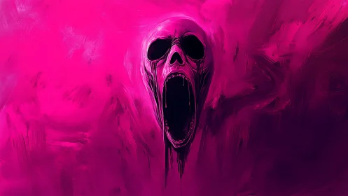 Distorted open-mouthed skull form emerges from magenta fog