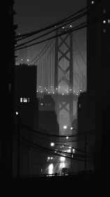 Monochrome suspension bridge framed by high-contrast urban towers