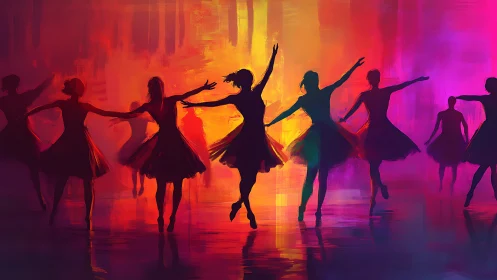 Chromatic silhouette ballet under refracted spectral gradients.