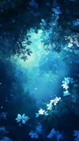 Moonlit blue forest glade frames luminous floral clearing