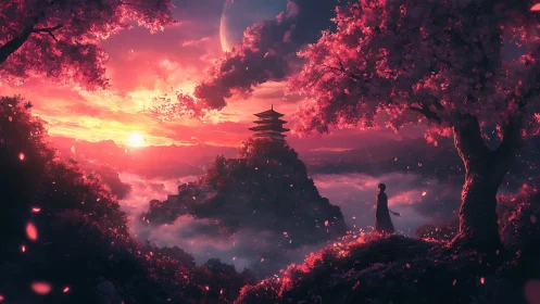 Dreamy cherry blossom sunset over misty mountain temple.