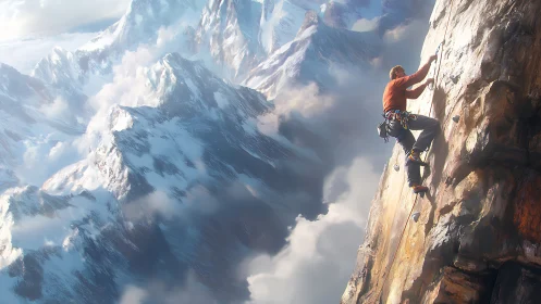 Mountain climber scaling sunlit rock wall above snowy peaks.
