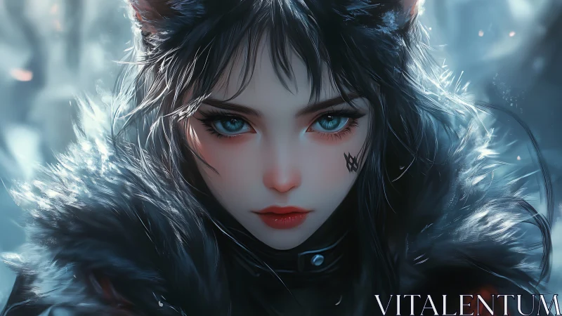 Snowlit cat-eared girl stares forward with piercing blue eyes