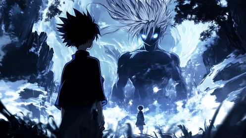 Storm-lit spirit guardian rises as two young heroes gather