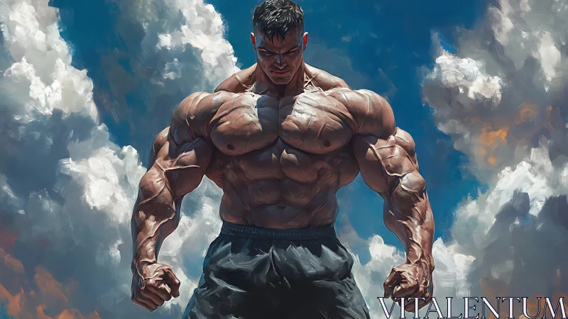 Colossal muscular figure rendered against turbulent cloudscape