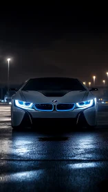 Low-angle night capture shows LED-lit sports coupe on wet asphalt