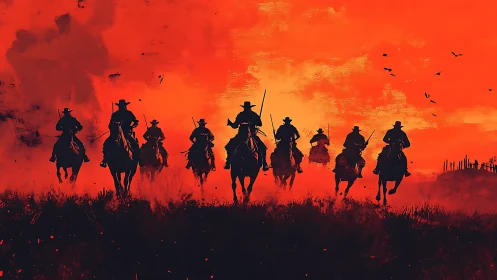 Silhouetted mounted riders crossing fiery red frontier plain