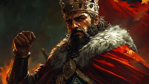 Regal medieval king portrait in red cloak, crown and fur mantle