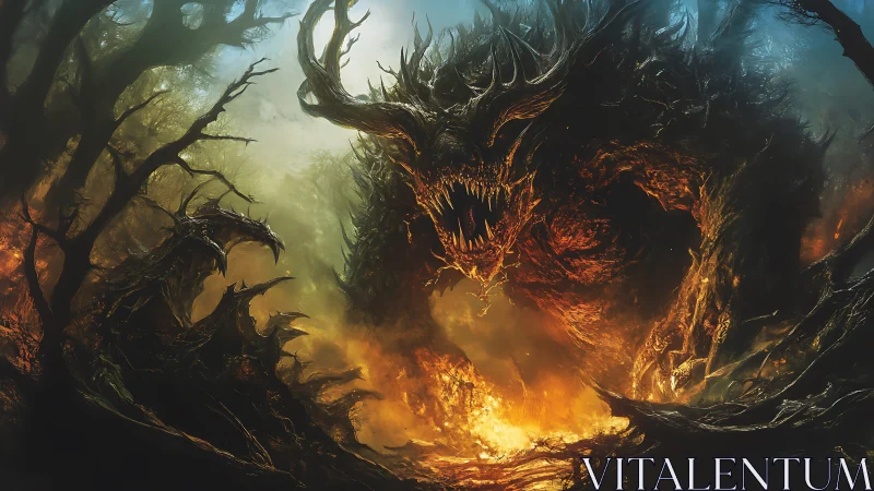 Infernal forest colossus emerging from burning roots.
