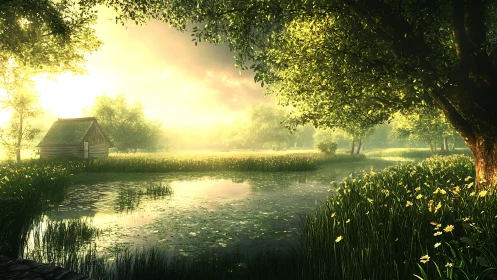 Sunlit riparian meadow with reflective pond and timber cottage.