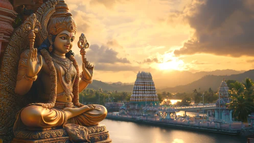 Golden Hindu deity statue beside riverside temple complex at dusk.