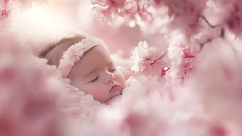 Infant in Dreamscape: Soft-Focus Floral Composition with Ethereal Atmospherics.