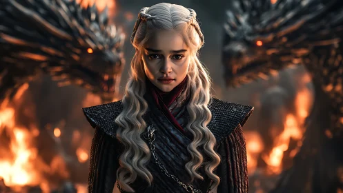 Dragon queen stands resolute before blazing inferno.