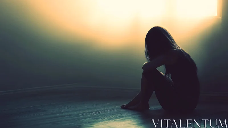 Solitary silhouette cradling silence in a flooded sunrise glow.