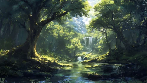 Forest Canyon with Cascading Waterfall and Luminescent Canopy Architectural Composition