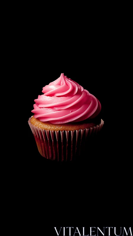 Elegant pink frosted cupcake with swirled icing on black backdrop