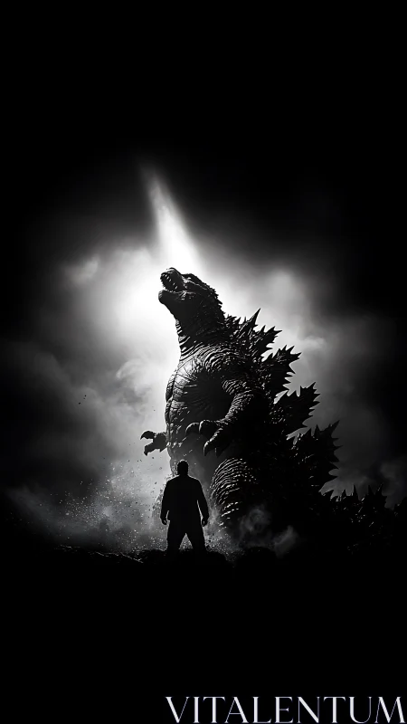 Monochrome kaiju confrontation rendered in high-contrast backlight