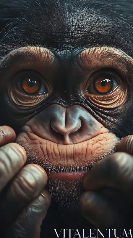 Macro-rendered chimpanzee portrait with hyperdetailed dermal topology.
