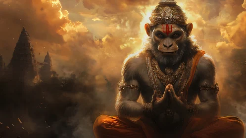 Divine simian deity in luminous temple-cloud tableau, digital painting.