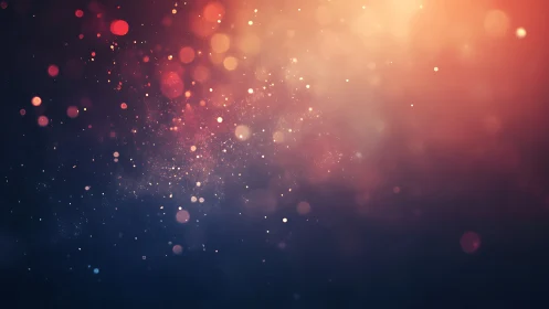 Glowing bokeh particles over deep blue gradient background.