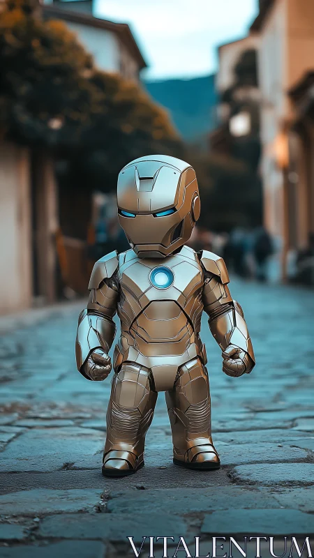 Small gold armored robot figure on cobblestone street.