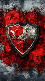 Weathered red shield emblem emerges from grunge wall