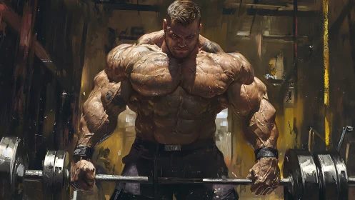 Colossal bodybuilder straining with barbell in gritty gym.