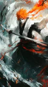 Flaming katana warrior amid turbulent abstract energy surge