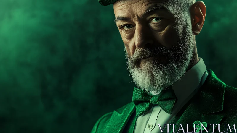 Bearded gentleman in emerald suit under dramatic studio lighting