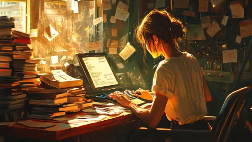 Focused writer works late in golden cluttered studio glow