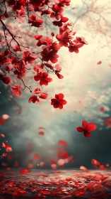 Red blossoms and petals above reflective surface in mist.