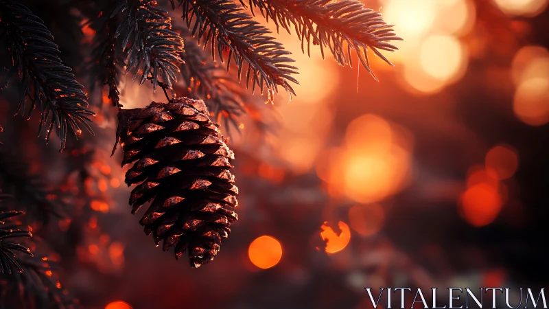 Pine cone hanging on branch against warm orange bokeh glow.