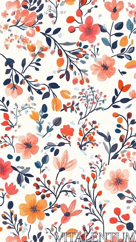Botanical Floral Motif with Coral and Navy Palette.