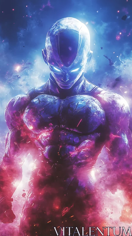 Armored humanoid energy entity amid high-intensity cosmic plasma