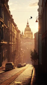 Soft sunrise over a quiet European cobblestone street.