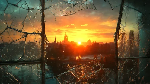 Shattered window foreground contrasts with high-saturation urban sunset