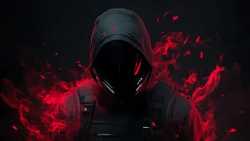 Hooded figure with black visor stands amid red digital flames